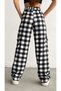 Unisex Black and White Plaid Trousers with Elastic Waist Cargo Pocket Detail - 2