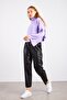 Elastic Waist Knee Seam Faux Leather Trousers - 5