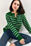 Women's Green Collared Knitted Turtleneck Striped Sweater 20223207
