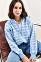 Women's Baby Blue Collared, Buttoned, Striped Knitwear Sweater 20223207