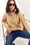 Women's Camel Zippered Turtleneck Oversize Knitwear Sweater 20223202 - 5