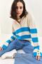 Women's Baby Blue Zippered Turtleneck Thick Striped Sleeves Button Detailed Knitwear Sweater 20223209 - 7