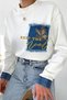 Women's White Cotton Sweatshirt with Butterfly Stones and Denim Detail on the Hem and Wrists