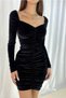 Gathered Long Sleeve Black Velvet Fabric Mini Evening Dress 582257 Tkn-713 - 3