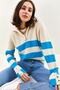 Women's Baby Blue Zippered Turtleneck Thick Striped Sleeves Button Detailed Knitwear Sweater 20223209 - 2