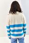 Women's Baby Blue Zippered Turtleneck Thick Striped Sleeves Button Detailed Knitwear Sweater 20223209 - 3
