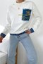 Women's White Cotton Sweatshirt with Butterfly Stones and Denim Detail on the Hem and Wrists - 3