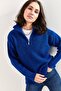 Women's Navy Blue Zippered Turtleneck Oversize Knitwear Sweater 20223202
