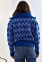 Women's Blue Zippered Patterned Knitwear Sweater 20223204 - 2