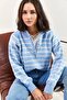 Women's Baby Blue Collared, Buttoned, Striped Knitwear Sweater 20223207 - 2