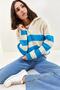 Women's Baby Blue Zippered Turtleneck Thick Striped Sleeves Button Detailed Knitwear Sweater 20223209 - 5