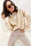 Women's Beige Collared Knitted Sweater with Hole Detail and Stripes 20223207 - 3
