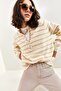 Women's Beige Collared Knitted Sweater with Hole Detail and Stripes 20223207 - 5