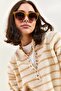 Women's Beige Collared Knitted Sweater with Hole Detail and Stripes 20223207 - 6