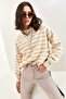 Women's Beige Collared Knitted Sweater with Hole Detail and Stripes 20223207 - 8