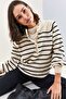 Women's White Collared, Buttoned, Striped Knitwear Sweater 20223207