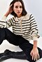 Women's White Collared, Buttoned, Striped Knitwear Sweater 20223207 - 7