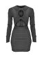 Black Long Sleeve Draped Crew Neck Mini Dress with Low-cut Chest and Belly