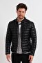 Men's Black Slim Fit Furry Puffer Leather Coat with Inner Pocket