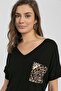 Women's Black Leopard Garnished Low-cut Skirt Oval Cut Blouse - 4