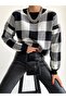 Stylish Black Color Plaid Pattern Round Collar Loose Cut Sweater 0122