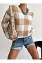 Stylish Brown Color Plaid Pattern Round Collar Loose Cut Sweater 0122