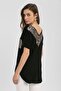 Women's Black Leopard Garnished Low-cut Skirt Oval Cut Blouse