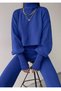 Turtleneck Embroidered Flexible Blue Knitwear Sweater And High Waist Blue Knitwear Trousers Set 015