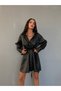 Women's Black Leather Lycra Pleat Detailed Long Sleeve Shirt Dress with Belted Waist