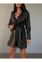 Women's Black Leather Lycra Pleat Detailed Long Sleeve Shirt Dress with Belted Waist - 3