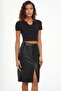 Women's Black Color Rose Gold Faux Leather Front Slit Midi Length Skirt