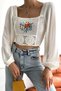 Women's White Square Neck Balloon Sleeve Floral Embroidery Lace Crop Blouse - 2