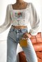 Women's White Square Neck Balloon Sleeve Floral Embroidery Lace Crop Blouse - 6