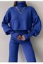 Turtleneck Embroidered Flexible Blue Knitwear Sweater And High Waist Blue Knitwear Trousers Set 015 - 2