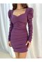 U Neck Princess Sleeve Draped Crepe Fabric Mini Dress