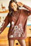 Women's Bitter Brown Figured Oversize Sweatshirt SWT-19000452 - 3