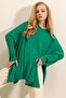 Women's Green Oversize Slit Poncho Sweater