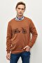 Men's Caramel-lacquer Standard Fit Crew Neck Patterned 100% Cotton Knitwear Sweater