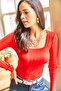 Women's Red Square Collar Thick Ribbed Knitwear Sweater BLZ-19002040 - 5