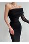 Draped Tulle Fabric Single Sleeve Slim Fit Midi Length Black Pencil Evening Dress - 6