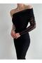 Draped Tulle Fabric Single Sleeve Slim Fit Midi Length Black Pencil Evening Dress - 7