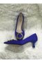 Blue Skin Leather Gold Color Buckle Detailed Low Heel Women's Stiletto Shoes