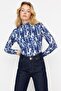 Navy Blue Printed Fitted High Neck Long Sleeve Sweater/Textured Knitted Blouse TWOAW22BZ0256 - 2
