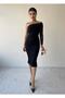Draped Tulle Fabric Single Sleeve Slim Fit Midi Length Black Pencil Evening Dress - 2