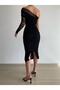 Draped Tulle Fabric Single Sleeve Slim Fit Midi Length Black Pencil Evening Dress - 3