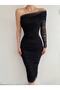 Draped Tulle Fabric Single Sleeve Slim Fit Midi Length Black Pencil Evening Dress - 4