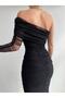 Draped Tulle Fabric Single Sleeve Slim Fit Midi Length Black Pencil Evening Dress - 8