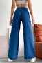 Women's Dark Blue Wide Leg High Waist Cargo Pocket Straight Fit Palazzo Denim Pants Jeans - 4
