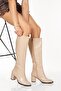 Felipe Beige Imported Leather Below the Knee Zippered Heeled Boots - 3