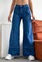 Women's Dark Blue Wide Leg High Waist Cargo Pocket Straight Fit Palazzo Denim Pants Jeans - 3